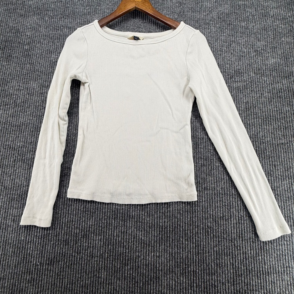 H&M Ribbed Top Women XS Cream Good Long Sleeve Crew Neck Basic